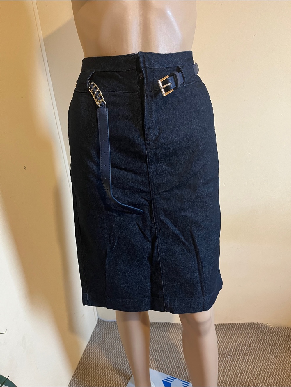 Blue Denim Pencil Skirt with Belt